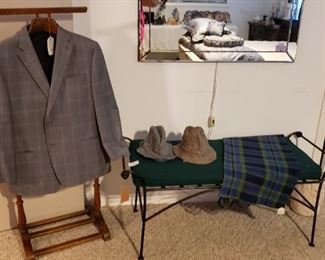 Iron bench, green upholstered cushion, gent's accessories