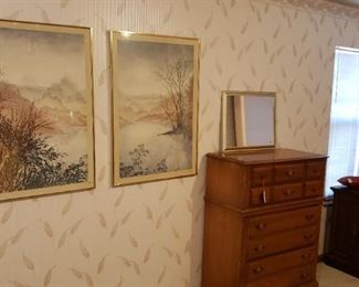 Maple chest of drawers, framed art