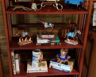 Horse racing books, racing memorabilia, folding bookshelf for display only