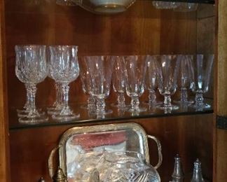 Silver plate, crystal, lighted china cabinet