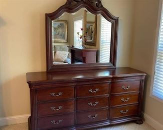 9 Drawer Cherry Wood Dresser with Beveled Mirror