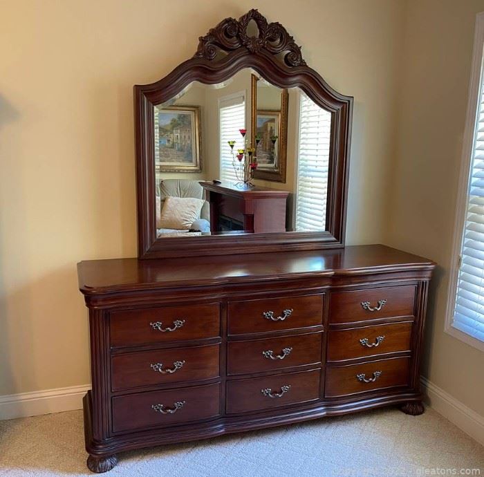 9 Drawer Cherry Wood Dresser with Beveled Mirror
