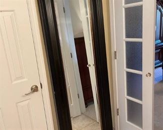 Beautiful Beveled Floor Mirror with Distressed Black and Gold Frame