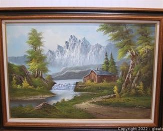 Beautiful Framed Oil on Canvas Mountain Scene Painting