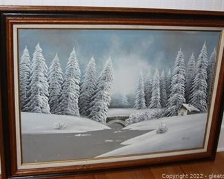 Beautifully Framed Oil on Canvas Winter Scene Painting