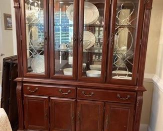 Cherry Wood Lighted China Cabinet with Beveled Glass