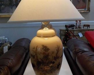 Classy Pair of Extra Large Beige Gilded Ceramic Ginger Jar Table Lamps with Shades