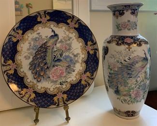 Two Pieces of Japanese Porcelain Depicting Peacocks with Cobalt Blue Accent