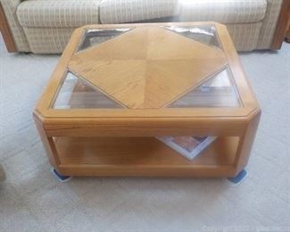 Two Tier Square Coffee Table with Patterned Wood and Beveled Glass Top