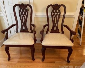 Upholstered Cherry Wood Dining Arm Chairs