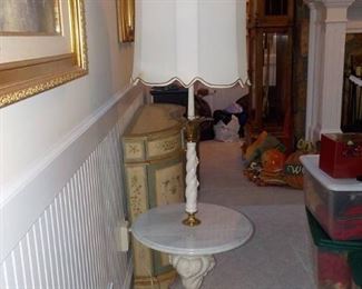 Vintage Floor Lamp with White Marble Table and Ornate Brass Accents