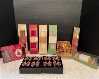 Williams Sonoma Collection of Tiny Taper Candles and Holders Plus Bow Napkin Rings