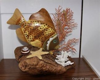 Wooden Carved Fish on Faux Driftwood Art Decor