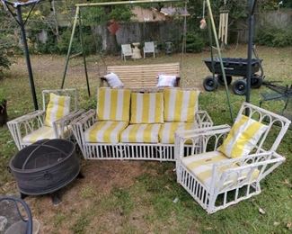 Yellow and white striped Sofa and pair of chairs