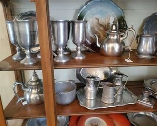 Pewter set goblets, tray, tea pot