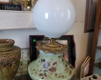 Hand painted hurricane lamp with metal base
