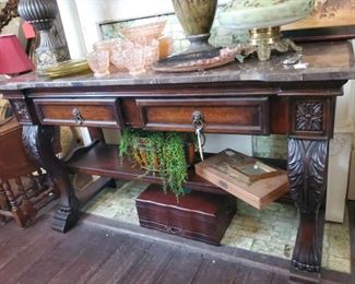 Impressive Marble top wood carved buffet with lion head pulls