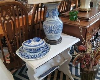 Blue and white lamp and covered bowl