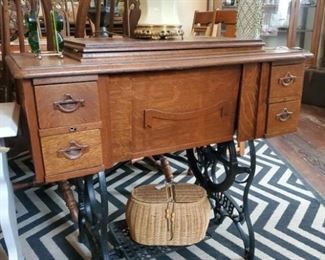 Oak sewing machine stand with metal base