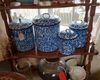 Blue and white enamel ware canisters