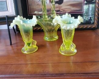 Frosted Yellow Fenton Vaseline glass vases and basket