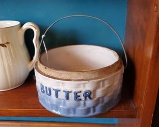 Blue and white stoneware butter dish with handle