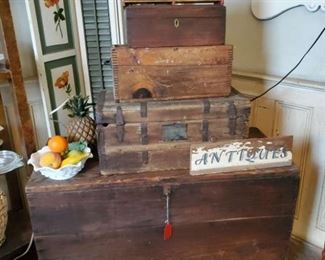 Early wood trunk and wooden boxes