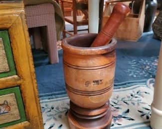 Turned wood mortar and pestle