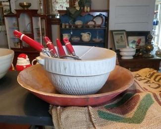 Wood bowl and stoneware mixing bowl, vintage kitchen utensils