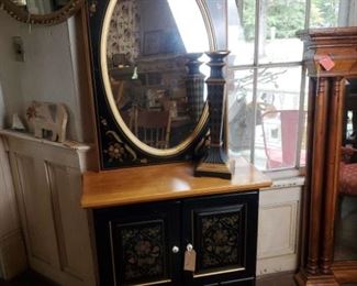 Black painted cabinet with maple top and mirror