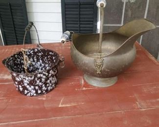 Brass coal bucket and speckle ware bucket
