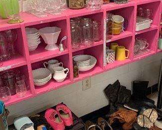 Depression glass, milk glass, Vorningware, vintage shoes, antique childrens cowboy boots and rubber boots, mason jars, MCM coffee cups, chili bowls