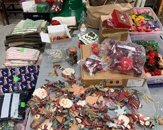 MCM and Vintage Christmas ornaments, Christmas tree in tree bag, tree stand, vintage fabrics, vintage Christmas towels