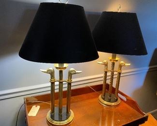 Pair Vintage Brass Double Duck Head Table Lamps