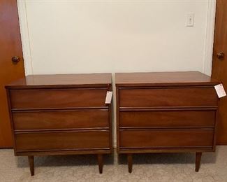 mid century pair Dixie bedside 3-drawer chests