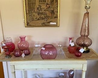 vintage amethyst glassware/ mid century lamp/ retro painted  extendable server on casters