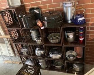 vintage cookware; vintage Borden's stackable milk crates