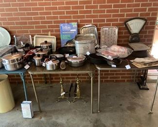 vintage cookware and kitchenware; vintage brass firedogs; vintage scale