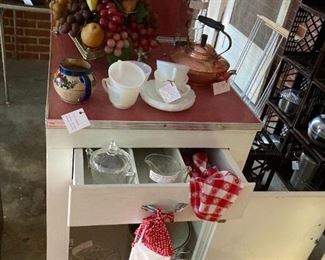 farmhouse cabinet and vintage glassware