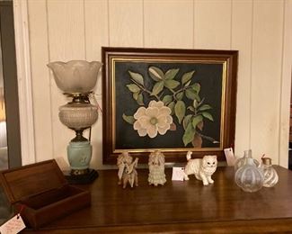 electrified vintage oil lamp; oil on board, signed M(ayme) Petrey (south Alabama artist/teacher, circa 1950s); Fenton perfume bottles
