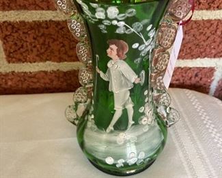 Mary Gregory vase Bohemian  hand enameled w/applied rigaree handles c1890s