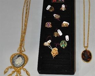 Very Nice Sample of the 14K Rings in this Collection, along with a Vintage Weiss Brooch and an Intaglio Pendant Necklace