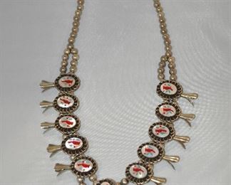 A Pawn Vintage Squash Blossom Necklace with Multiple Oval Mother of Pearl with Inlay of Cardinals!