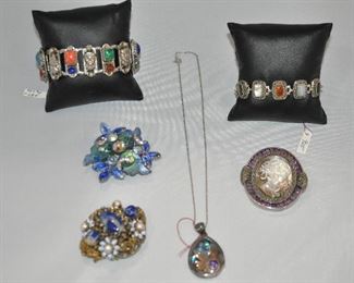 More Fantastic Vintage Jewelry and on the lower right, a Beautiful Detailed Silver Filigree with Mother-of-Pearl and Rhinestone Brooch/Pendant.