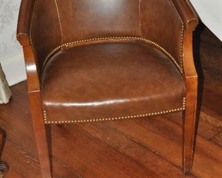 Vintage Hancock and Moore "Lexington" Brown Leather Barrel Chair with Nail-head Design, W26" x H33" x D23"