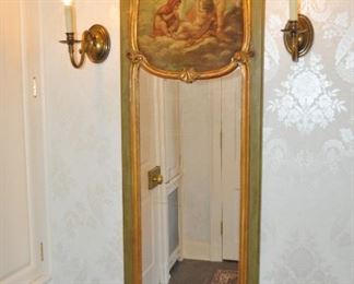 Antique French Trumeau Mirror with Original Glass on Painted Wood, early 19th c.. 24" x 70"