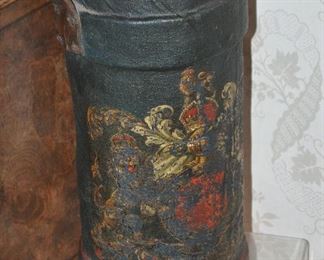 Close up View of the Antique English Leather Wrapped Hand-Painted Shell Carrier/Umbrella Stand with Leather Handle, 20"H