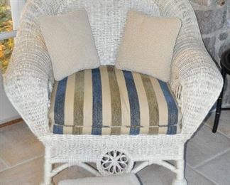 Vintage Ralph Lauren White Wicker Chair W37" x H39" x D36" , with Stool W14" x H9" x D10"