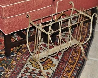 Antique Lyre Style Iron Magazine Rack. W18" x H17" x D12"