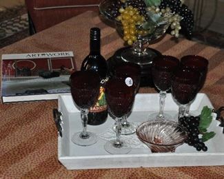 Vintage White Wooden Serving Tray Displays a set of Six Vintage Luminare Red Goblets and More